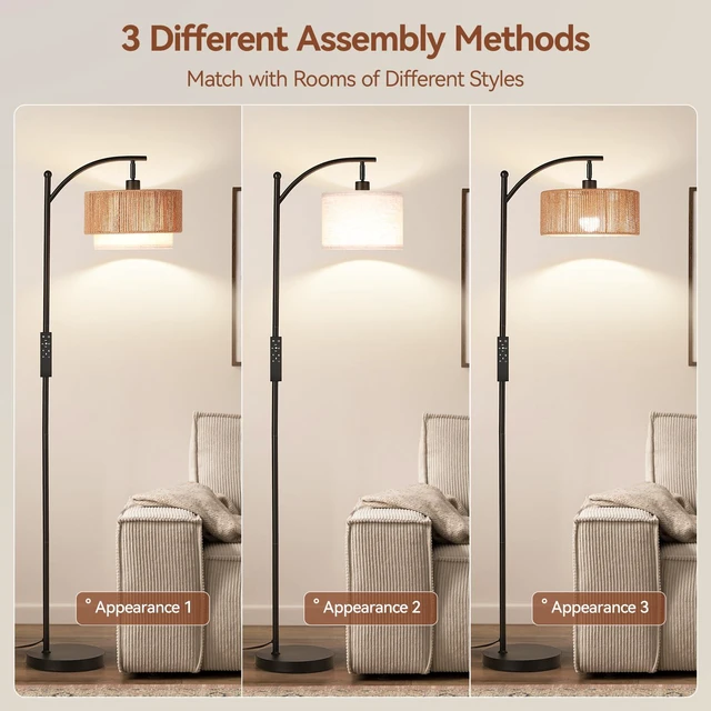 Alt view image 4 of 7 - Arc Floor Lamps for Living Room with 12W Remote and Dimmable Bulb Farmhouse Floor Lamps with Adjustable Rattan & Fabric Shades, LED Lamp, Boho Standing Lamp for Bedroom, Corner, Home Decor