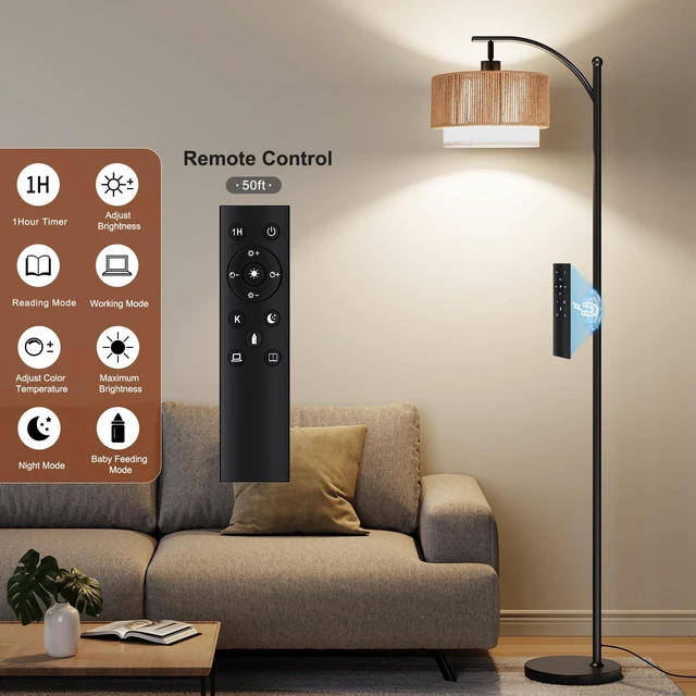 Alt view image 5 of 7 - Arc Floor Lamps for Living Room with 12W Remote and Dimmable Bulb Farmhouse Floor Lamps with Adjustable Rattan & Fabric Shades, LED Lamp, Boho Standing Lamp for Bedroom, Corner, Home Decor