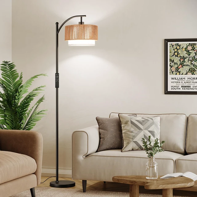 Alt view image 6 of 7 - Arc Floor Lamps for Living Room with 12W Remote and Dimmable Bulb Farmhouse Floor Lamps with Adjustable Rattan & Fabric Shades, LED Lamp, Boho Standing Lamp for Bedroom, Corner, Home Decor