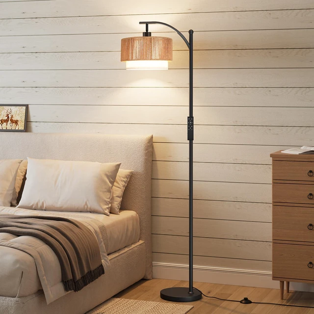 Alt view image 7 of 7 - Arc Floor Lamps for Living Room with 12W Remote and Dimmable Bulb Farmhouse Floor Lamps with Adjustable Rattan & Fabric Shades, LED Lamp, Boho Standing Lamp for Bedroom, Corner, Home Decor