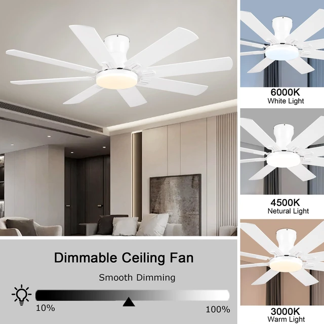Alt view image 4 of 7 - Ceiling Fans with Lights, 52 Inch Low Profile Ceiling Fan,White Ceiling FanCeiling with Light Flush Mount, DC Reversible Motor, Noiseless, White 6 Speeds Ceiling Fan for Bedroom