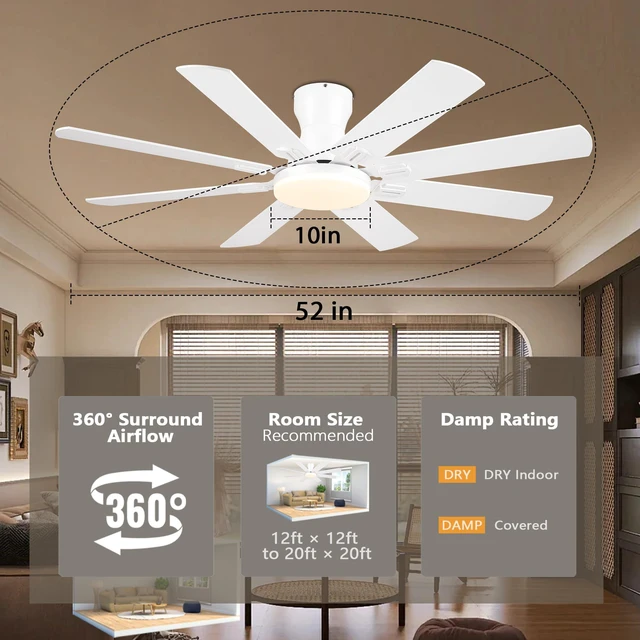 Alt view image 5 of 7 - Ceiling Fans with Lights, 52 Inch Low Profile Ceiling Fan,White Ceiling FanCeiling with Light Flush Mount, DC Reversible Motor, Noiseless, White 6 Speeds Ceiling Fan for Bedroom
