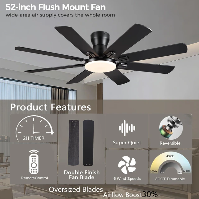 Alt view image 2 of 7 - Ceiling Fans with Lights, 52 Inch Low Profile Ceiling Fan Ceiling Fan with Light Flush Mount, DC Reversible Motor, Noiseless, Black 6 Speeds Ceiling Fan for Bedroom