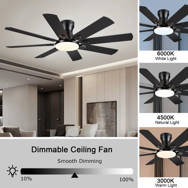 Alt view image 5 of 7 - Ceiling Fans with Lights, 52 Inch Low Profile Ceiling Fan Ceiling Fan with Light Flush Mount, DC Reversible Motor, Noiseless, Black 6 Speeds Ceiling Fan for Bedroom