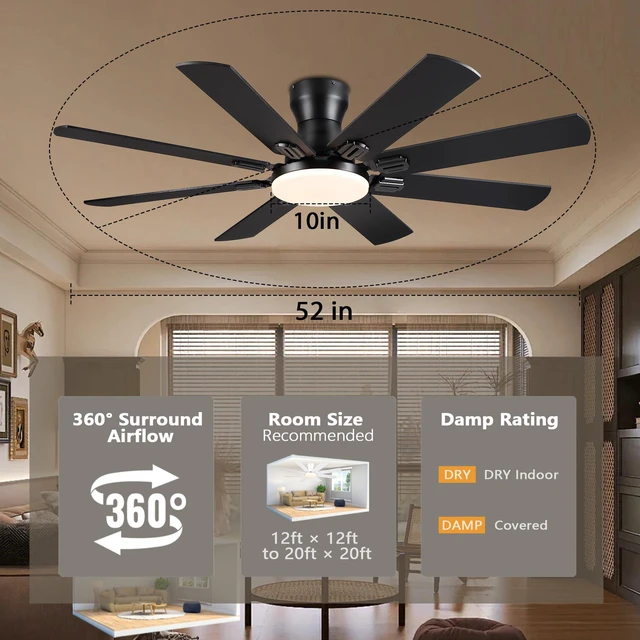 Alt view image 6 of 7 - Ceiling Fans with Lights, 52 Inch Low Profile Ceiling Fan Ceiling Fan with Light Flush Mount, DC Reversible Motor, Noiseless, Black 6 Speeds Ceiling Fan for Bedroom