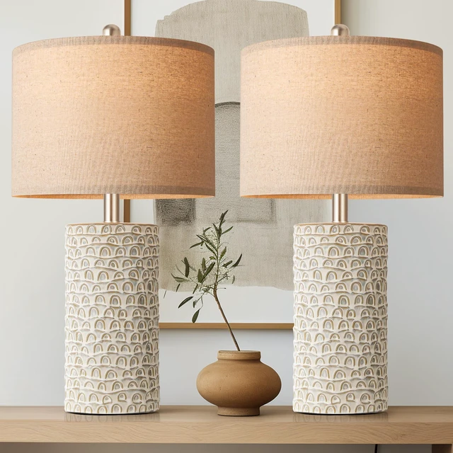 Main image of 23" Modern Ceramic Table Lamp Set of 2, Table Lamps for Living Room, Rustic Farmhouse Bedside Lamps Nightstand lamp for Bedroom, Desk Lamp for End Table Home Decor Grey Shabby Chic White