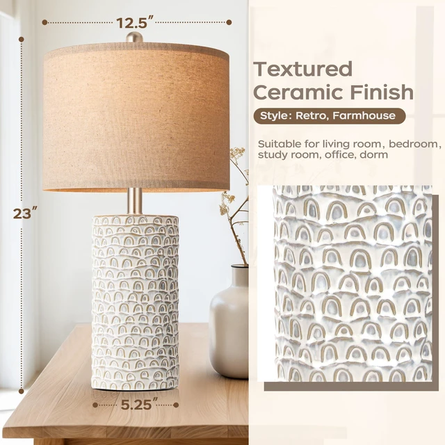 Alt view image 3 of 7 - 23" Modern Ceramic Table Lamp Set of 2, Table Lamps for Living Room, Rustic Farmhouse Bedside Lamps Nightstand lamp for Bedroom, Desk Lamp for End Table Home Decor Grey Shabby Chic White