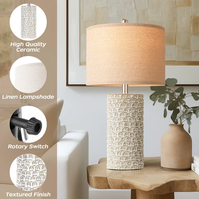 Alt view image 4 of 7 - 23" Modern Ceramic Table Lamp Set of 2, Table Lamps for Living Room, Rustic Farmhouse Bedside Lamps Nightstand lamp for Bedroom, Desk Lamp for End Table Home Decor Grey Shabby Chic White