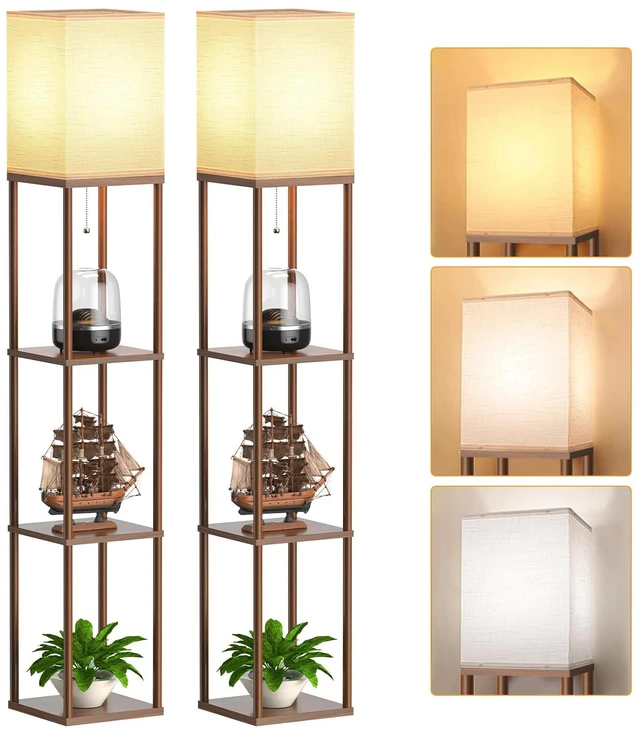 Main image of Floor Lamp with Shelves for Living Room Walnut Brown 2 Pack, Shelf Floor Lamp with 3 CCT LED Bulb, Corner Display Standing Column Lamp Etagere Organizer Tower Nightstand for Bedroom