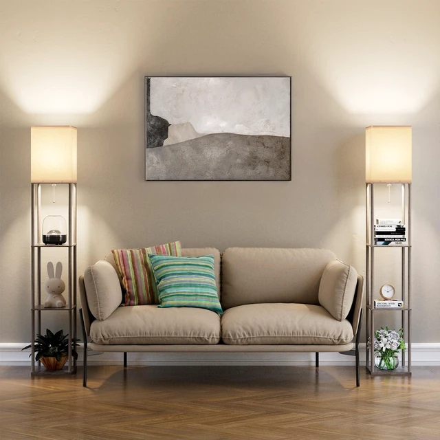 Alt view image 7 of 7 - Floor Lamp with Shelves for Living Room 2 Pack Oak Gray, Shelf Floor Lamp with 3 CCT LED Bulb, Corner Display Standing Column Lamp Etagere Organizer Tower Nightstand with White Linen Shade for Bedroom