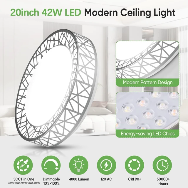Alt view image 2 of 7 - 20 Inch Bird's Nest Flush Mount Ceiling Light, 42W, 5CCT 2700K-6500K Selectable, Modern LED Ceiling Light Fixture, Dimmable, for Bedroom, Kitchen, Closet, Brushed Nickel, ETL Listed
