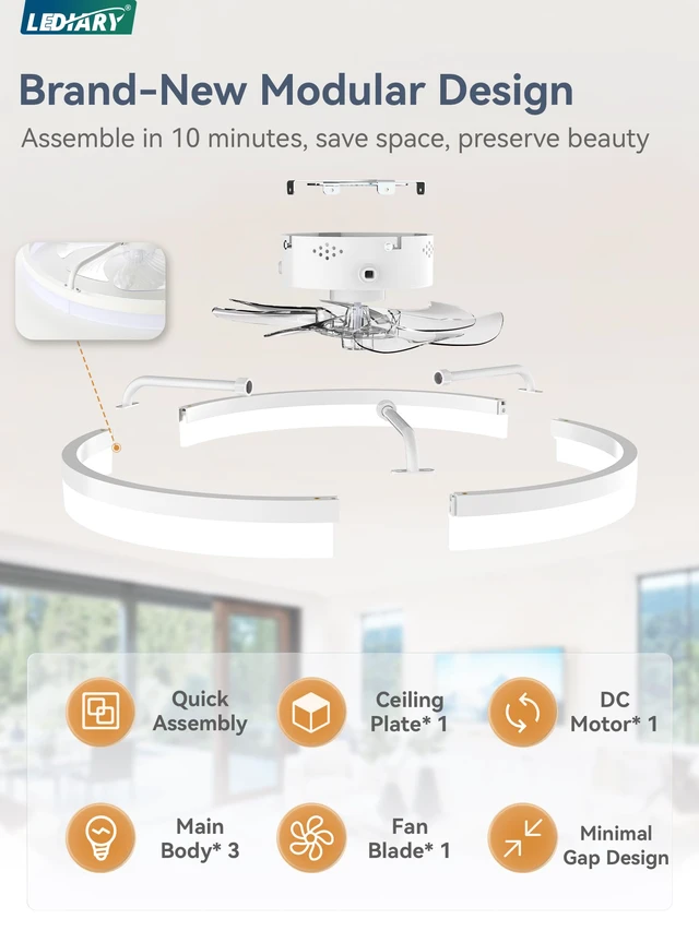 Alt view image 7 of 7 - 23" Low Profile Ceiling Fans with Lights, APP & Remote, White Flush Mount, Dimmable LED, Quiet DC Motor, Reversible, 6 Speeds, Fandelier, for Bedroom
