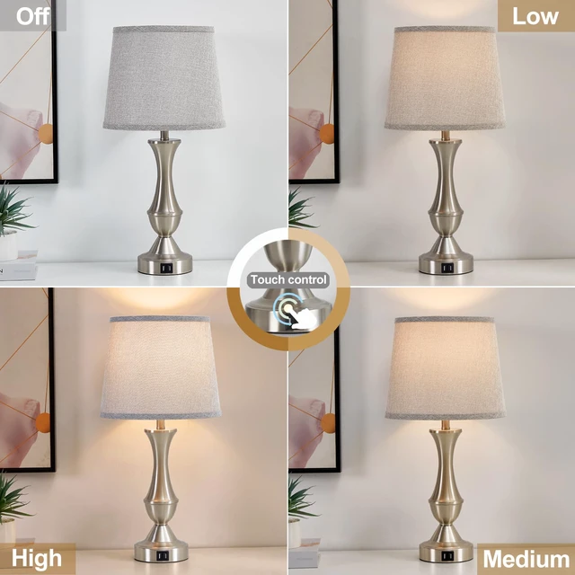 Alt view image 2 of 7 - Touch Table Lamps Set of 2, 22" Tall Bedside Lamps, Nightstand Lamps USB C+A Charging Ports, Dimmable Lamp for Bedrooms, Living Room, Office, Silver Lamp with Grey Lampshade, Bulbs Included