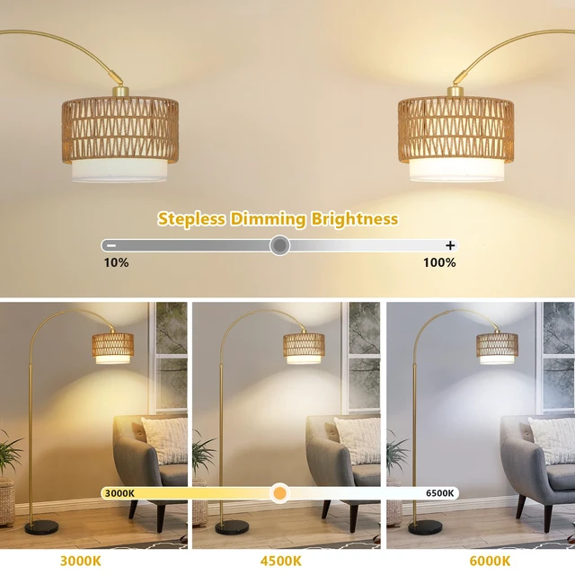 Alt view image 2 of 7 - Arc Floor Lamp for bedroom with Rattan & Linen Shades, Gold Floor Lamp with Remote & Dimming Bulb, Rustic Standing Lamp with 3 Color Temperatures, Adjustable Height Farmhouse Tall Lamp for Living Room