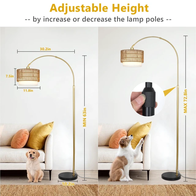 Alt view image 3 of 7 - Arc Floor Lamp for bedroom with Rattan & Linen Shades, Gold Floor Lamp with Remote & Dimming Bulb, Rustic Standing Lamp with 3 Color Temperatures, Adjustable Height Farmhouse Tall Lamp for Living Room