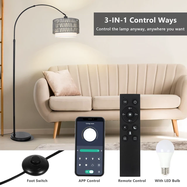 Alt view image 5 of 7 - Boho Floor Lamps for Living Room, Arc Floor Lamp for bedroom with Remote and Dimmable Bulb, Over Couch Standing Lamp, Farmhouse Tall Lamp with 3 Color Temperatures, Height Adjustable Corner Floor Lamp
