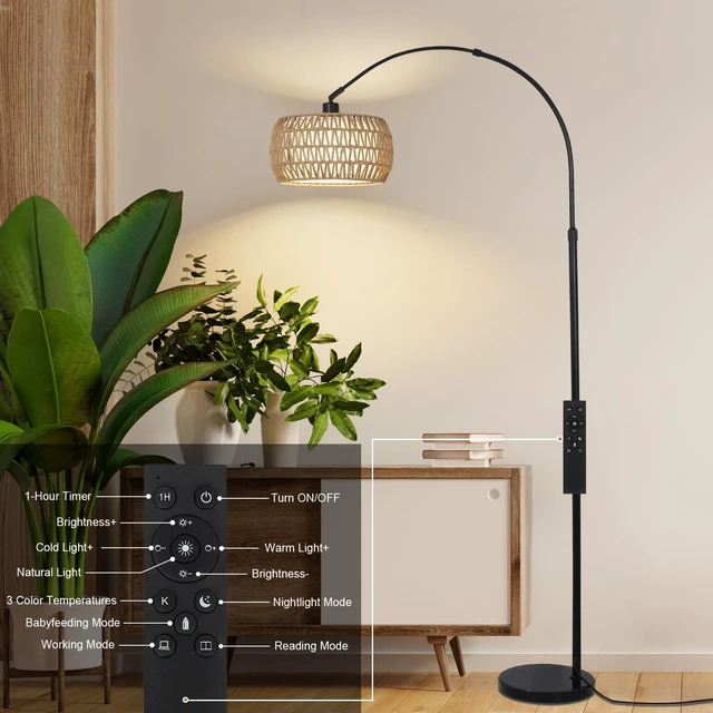 Alt view image 7 of 7 - Arc Floor Lamps for Living Room with 3 Color Temperatures, Black Standing Lamp with Remote & Dimmable LED Bulb, Rattan Boho Floor Lamp, Farmhouse Tall Lamp for Bedroom, Over Couch Arched Reading Light