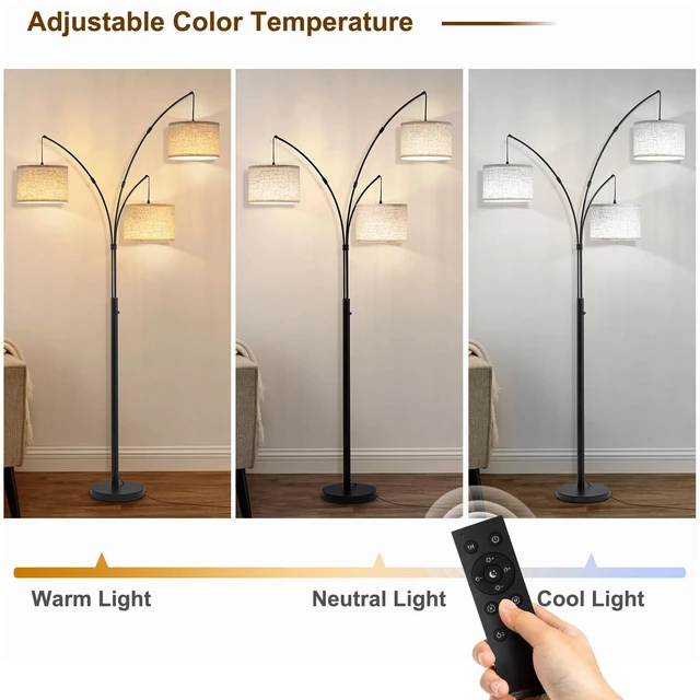 Alt view image 6 of 7 - 3 Light Arc Floor Lamp with Remote, Beige Shade Black Pole 80" Dimmable Floor Lamp, 2400LM Super Bright, Independently Controlled 9W LED Energy-Saving Light Bulb, Memory Function