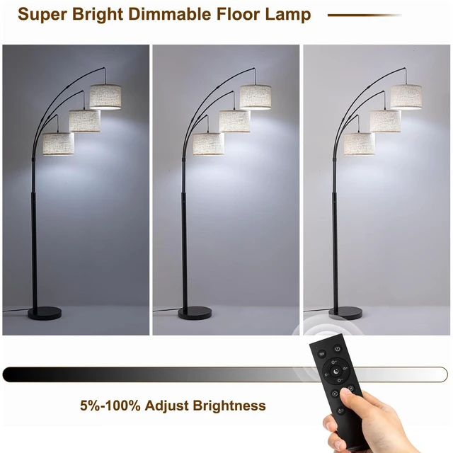 Alt view image 7 of 7 - 3 Light Arc Floor Lamp with Remote, Beige Shade Black Pole 80" Dimmable Floor Lamp, 2400LM Super Bright, Independently Controlled 9W LED Energy-Saving Light Bulb, Memory Function