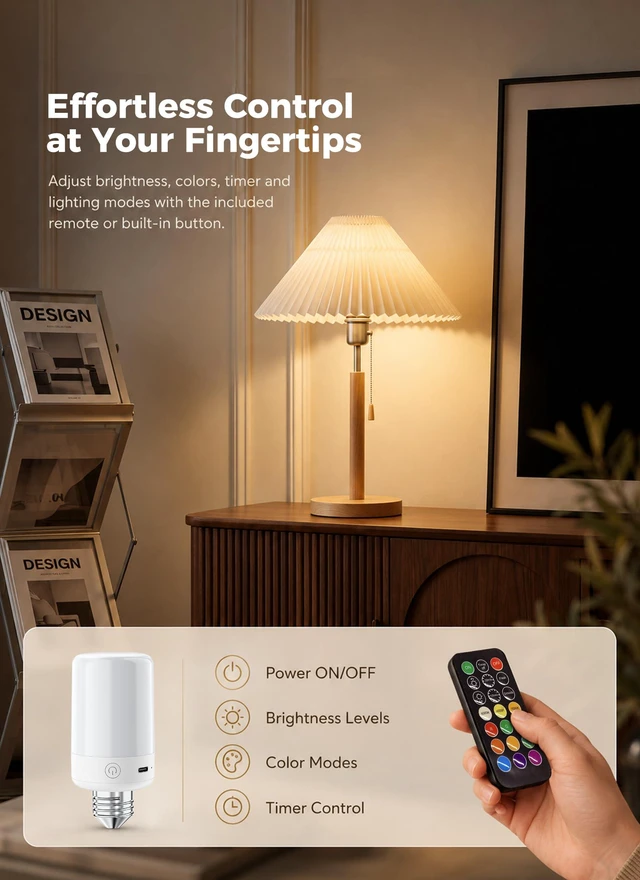 Alt view image 5 of 7 - Upgraded 5200mAh E26 Rechargeable Light Bulbs with Remote Timer Battery operated light bulb with magnetic base for lamps and sconces; 3 color temperatures and 9 RGB colors, 4 Pack