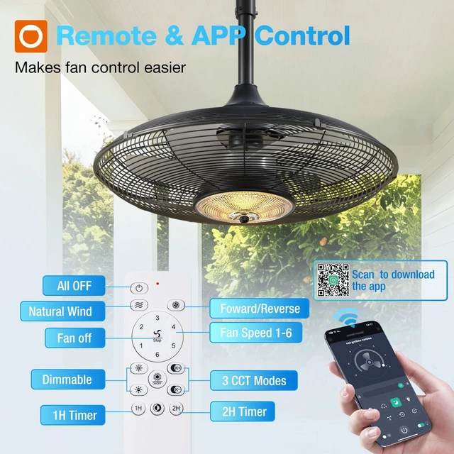 Alt view image 5 of 7 - 20 Inch IP65 Outdoor Ceiling Fan with Light for Patios, Remote & APP Waterproof hanging caged fan with remote and app control, 6 speeds, quiet DC motor, for patios, pergolas, porches, canopies