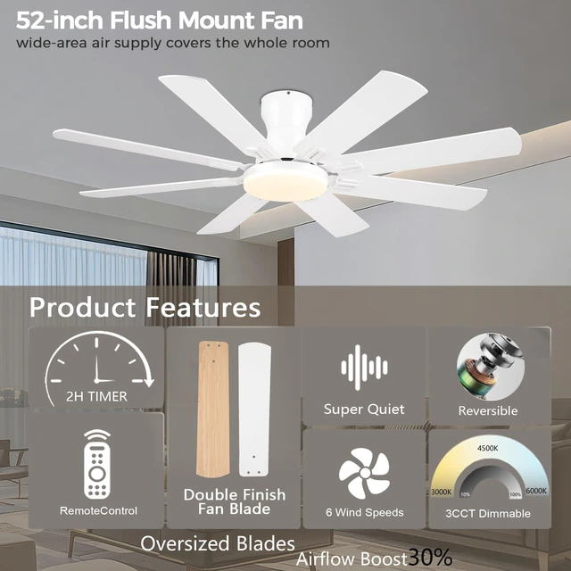 Alt view image 3 of 7 - Ceiling Fans with Lights, 52 Inch Low Profile Ceiling Fan,White Ceiling FanCeiling with Light Flush Mount, DC Reversible Motor, Noiseless, White 6 Speeds Ceiling Fan for Bedroom