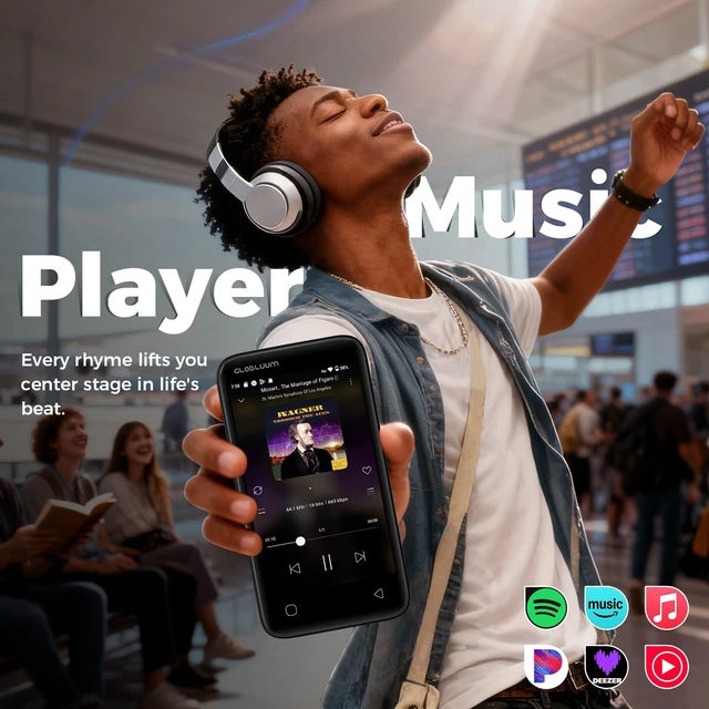 Alt view image 2 of 7 - MP3 Player with Bluetooth and WiFi, Spotify Compatible, Music Player 96GB Streaming Music, Audible Support, Android 14 System, 4" Touchscreen, Family Friendly, Parental Controls, Black Gold