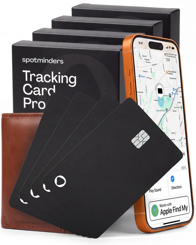 Main image of SPOTMINDERS Apple MFi Certified Credit Card Wallet Tracker PRO 4-Pack (iOS Only) Works with Apple Find My Rechargeable Tracking Card for Wallet IP68 0.07in Slim iPhone Item Finder for Luggage or Car