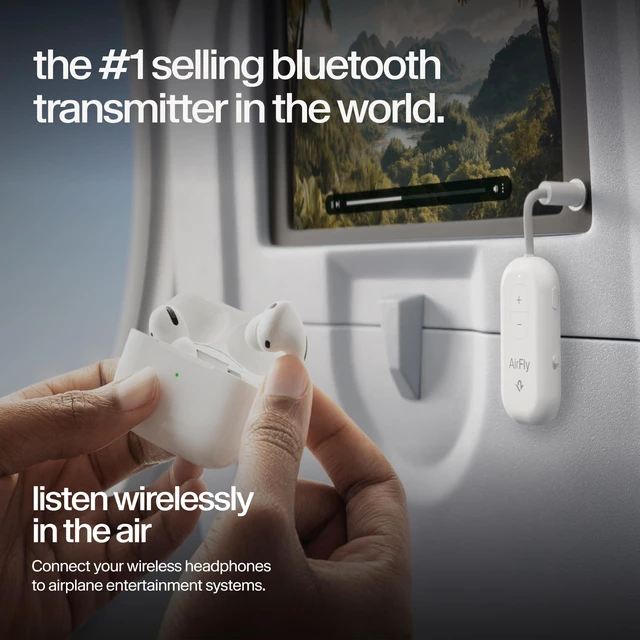 Alt view image 3 of 7 - AirFly Pro 2, Bluetooth Adapter, Pair 2 AirPods, White Pair 2 AirPods or Wireless Headphones 3.5mm AUX Bluetooth Transmitter and Receiver for Cars, Boats, Treadmills, TVs & More
