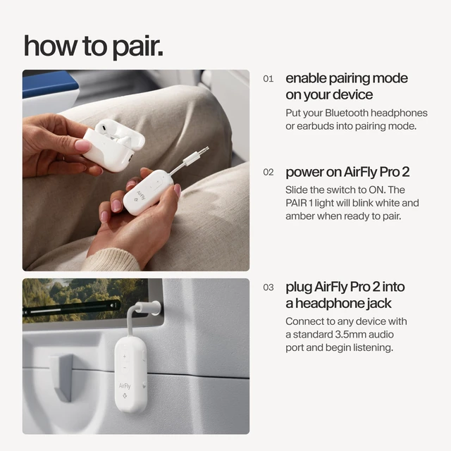 Alt view image 7 of 7 - AirFly Pro 2, Bluetooth Adapter, Pair 2 AirPods, White Pair 2 AirPods or Wireless Headphones 3.5mm AUX Bluetooth Transmitter and Receiver for Cars, Boats, Treadmills, TVs & More