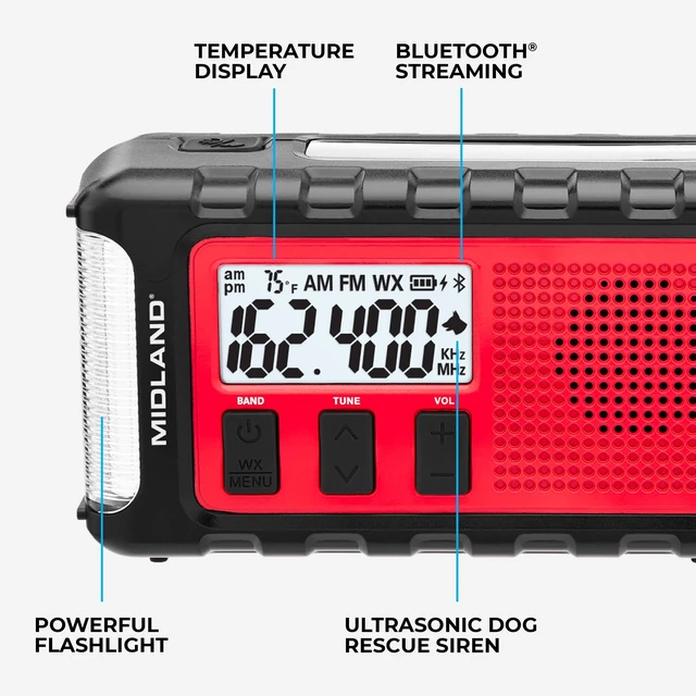 Alt view image 3 of 7 - ER310PRO, Portable Emergency Bluetooth Weather AM/FM Radio 10,000 mAh Power Bank - Multiple Power Sources, SOS Flashlight, Ultrasonic Rescue Dog Siren, & NOAA Weather (Red/Black)