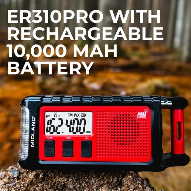 Alt view image 5 of 7 - ER310PRO, Portable Emergency Bluetooth Weather AM/FM Radio 10,000 mAh Power Bank - Multiple Power Sources, SOS Flashlight, Ultrasonic Rescue Dog Siren, & NOAA Weather (Red/Black)