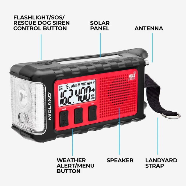 Alt view image 4 of 7 - ER310PRO, Portable Emergency Bluetooth Weather AM/FM Radio 10,000 mAh Power Bank - Multiple Power Sources, SOS Flashlight, Ultrasonic Rescue Dog Siren, & NOAA Weather (Red/Black)