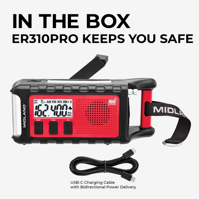 Alt view image 6 of 7 - ER310PRO, Portable Emergency Bluetooth Weather AM/FM Radio 10,000 mAh Power Bank - Multiple Power Sources, SOS Flashlight, Ultrasonic Rescue Dog Siren, & NOAA Weather (Red/Black)