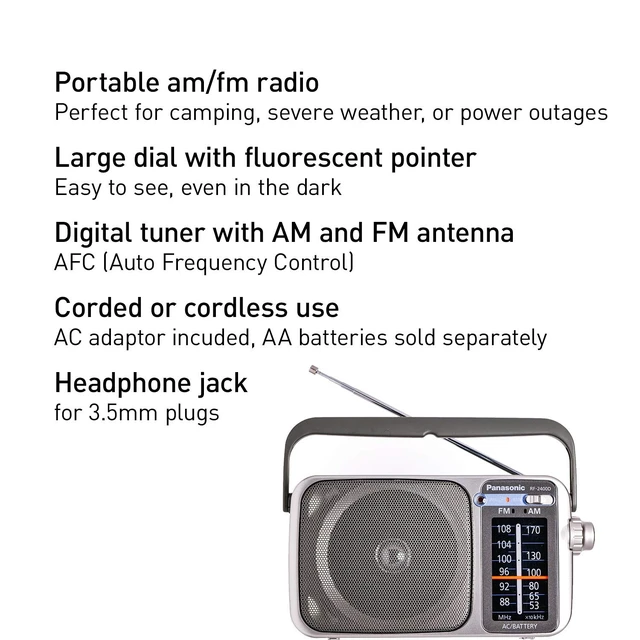 Alt view image 3 of 6 - Portable AM/FM Radio, Battery Operated Analog Radio, AC Powered, Silver (RF-2400D) (Pack of 3)
