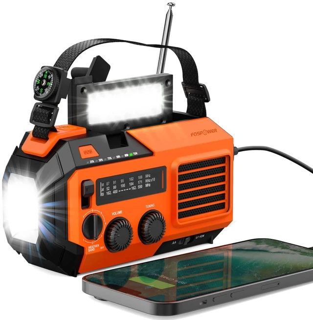 Main image of NOAA Emergency Weather Radio A6 19240mWh Solar Hand Crank (Orange) AM/FM/WB power bank 4 power options SOS alarm LED flashlight & 4 LED reading light for outdoor emergency & power outage use