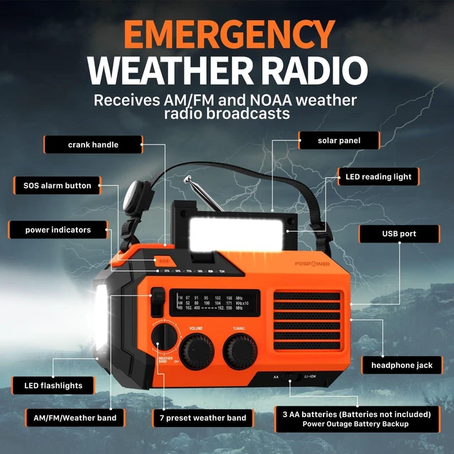 Alt view image 2 of 7 - NOAA Emergency Weather Radio A6 19240mWh Solar Hand Crank (Orange) AM/FM/WB power bank 4 power options SOS alarm LED flashlight & 4 LED reading light for outdoor emergency & power outage use