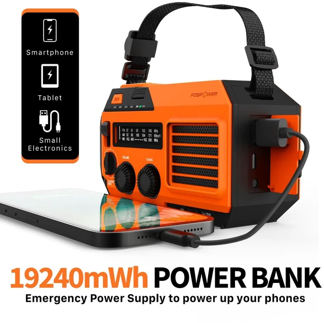 Alt view image 3 of 7 - NOAA Emergency Weather Radio A6 19240mWh Solar Hand Crank (Orange) AM/FM/WB power bank 4 power options SOS alarm LED flashlight & 4 LED reading light for outdoor emergency & power outage use