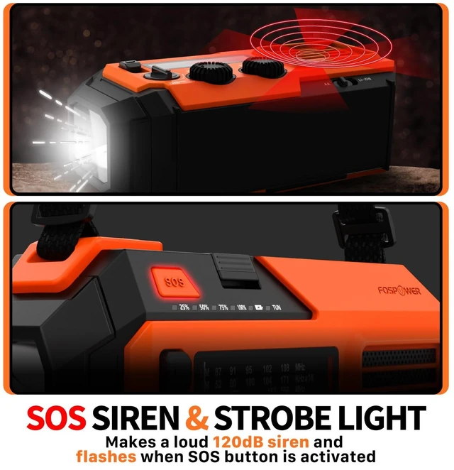 Alt view image 5 of 7 - NOAA Emergency Weather Radio A6 19240mWh Solar Hand Crank (Orange) AM/FM/WB power bank 4 power options SOS alarm LED flashlight & 4 LED reading light for outdoor emergency & power outage use