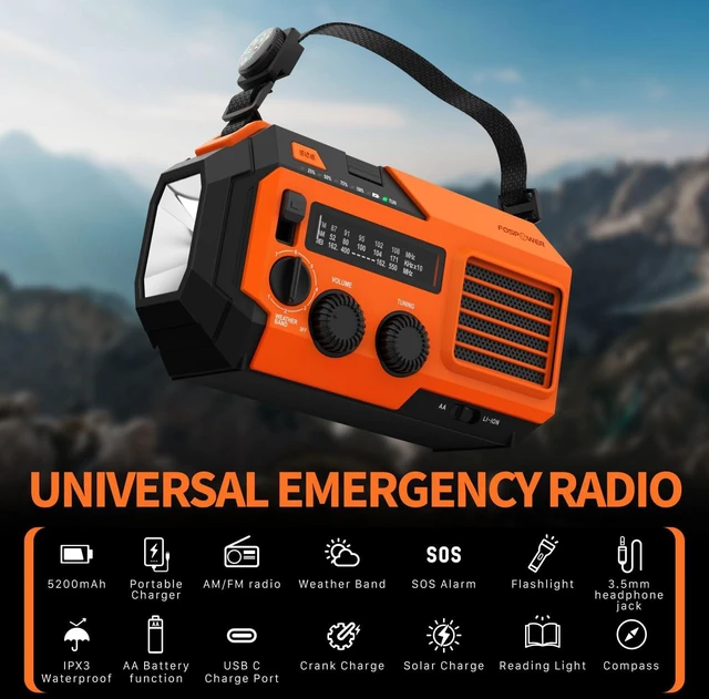 Alt view image 7 of 7 - NOAA Emergency Weather Radio A6 19240mWh Solar Hand Crank (Orange) AM/FM/WB power bank 4 power options SOS alarm LED flashlight & 4 LED reading light for outdoor emergency & power outage use