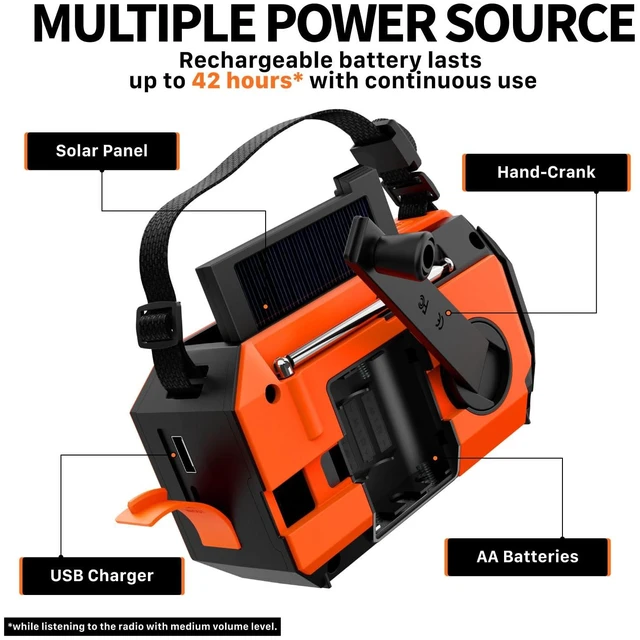 Alt view image 4 of 7 - NOAA Emergency Weather Radio A6 19240mWh Solar Hand Crank (Orange) AM/FM/WB power bank 4 power options SOS alarm LED flashlight & 4 LED reading light for outdoor emergency & power outage use