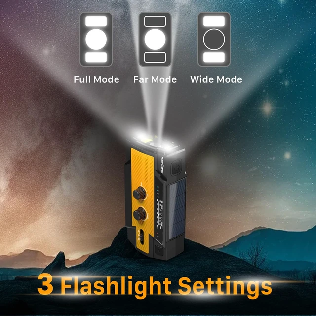 Alt view image 5 of 7 - NOAA Emergency Weather Radio A3 14800mWh Portable Power Bank, AM/FM, USB/Solar/Hand Crank Charging, SOS Alarm & Flashlight for Indoor/Outdoor Emergency - Orange