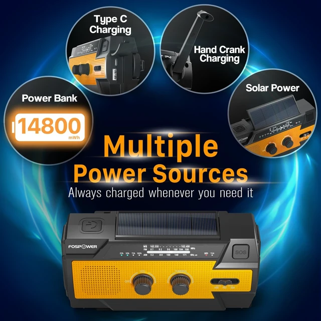 Alt view image 7 of 7 - NOAA Emergency Weather Radio A3 14800mWh Portable Power Bank, AM/FM, USB/Solar/Hand Crank Charging, SOS Alarm & Flashlight for Indoor/Outdoor Emergency - Orange
