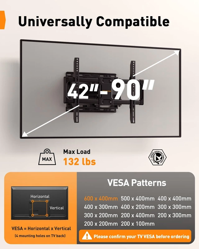Alt view image 2 of 7 - UL Listed Full Motion TV Wall Mount for 42-90" TVs up to 132lbs Heavy Duty TV Mount with Dual Articulating Arms, Tool-Free Smooth Tilt, Swivel, Fits 16" Studs, Max VESA 600x400mm, PGLF8