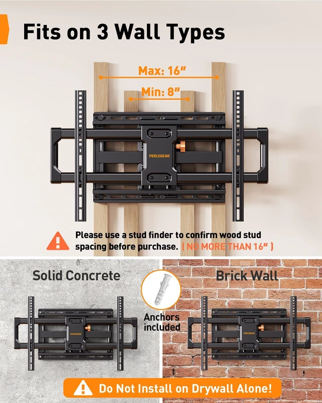 Alt view image 3 of 7 - UL Listed Full Motion TV Wall Mount for 42-90" TVs up to 132lbs Heavy Duty TV Mount with Dual Articulating Arms, Tool-Free Smooth Tilt, Swivel, Fits 16" Studs, Max VESA 600x400mm, PGLF8