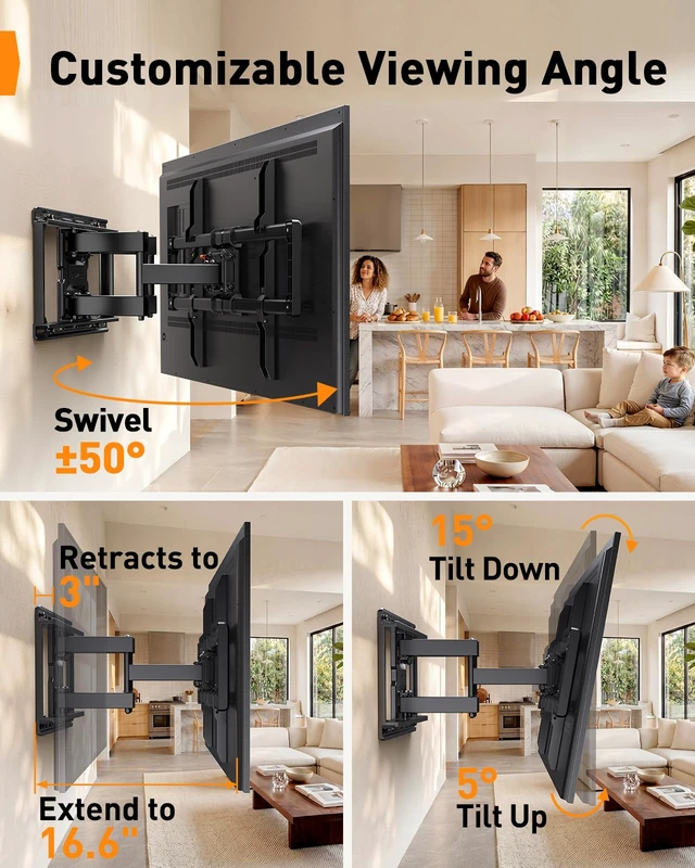 Alt view image 5 of 7 - UL Listed Full Motion TV Wall Mount for 42-90" TVs up to 132lbs Heavy Duty TV Mount with Dual Articulating Arms, Tool-Free Smooth Tilt, Swivel, Fits 16" Studs, Max VESA 600x400mm, PGLF8
