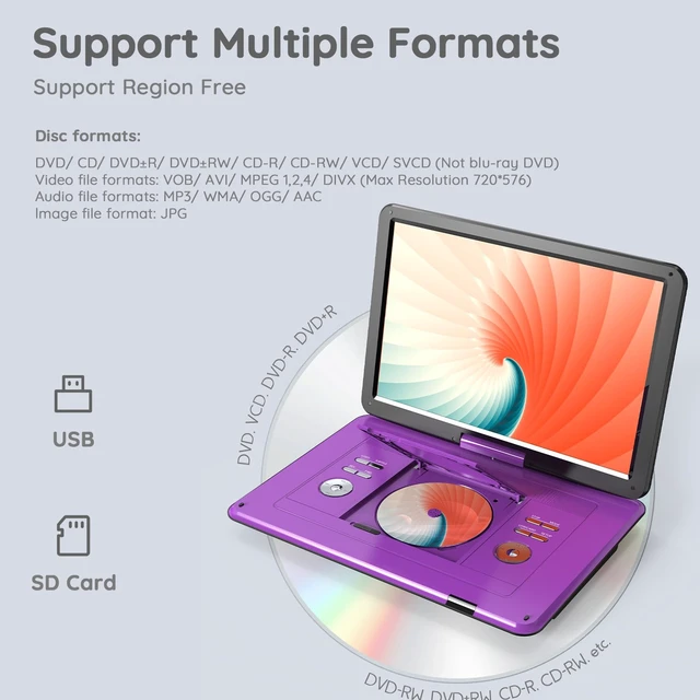 Alt view image 4 of 7 - 17.5" Portable DVD Player with 15.6" Large HD Screen, 6 Hours Rechargeable Battery, Support USB/SD Card/Sync TV and Multiple Disc Formats, High Volume Speaker, Purple