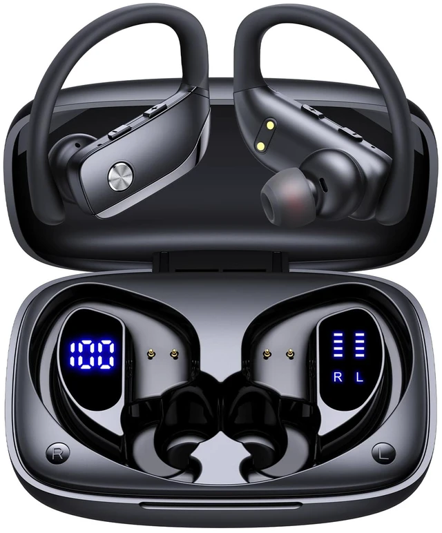 Main image of Ear Buds Wireless Earbuds Bluetooth Headphones with 80H Playtime LED Display Case, Over-Ear Hook with Mic, Stereo Sound, Easy Button Controls, Sports Earphones for Running Workout Gym Black