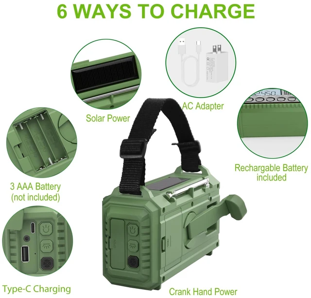 Alt view image 4 of 7 - Emergency Radio, 12000mAh/44400mWh Battery Operated Weather Radio, Solar Hand Crank Radio with AM/FM/SW/NOAA Alert, Cell Phone Charger, Type-C Charging, Flashlight and SOS Siren