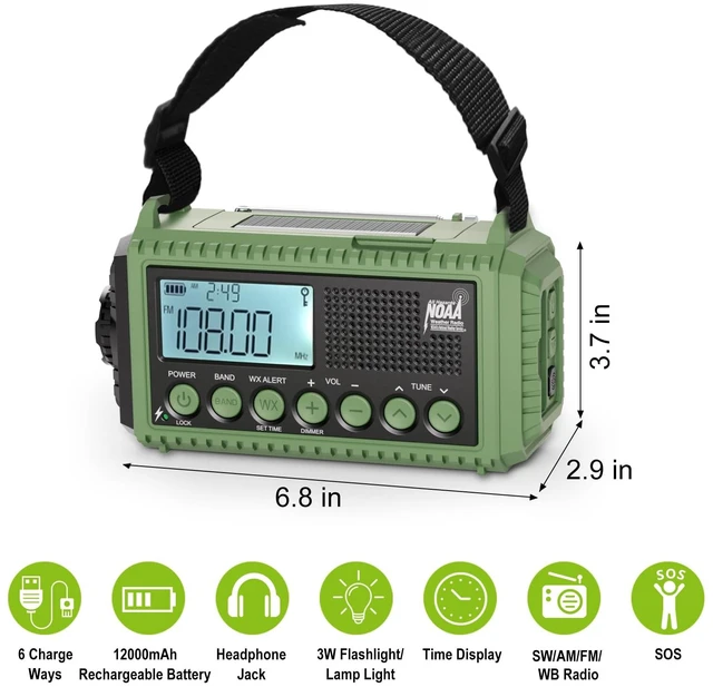 Alt view image 6 of 7 - Emergency Radio, 12000mAh/44400mWh Battery Operated Weather Radio, Solar Hand Crank Radio with AM/FM/SW/NOAA Alert, Cell Phone Charger, Type-C Charging, Flashlight and SOS Siren